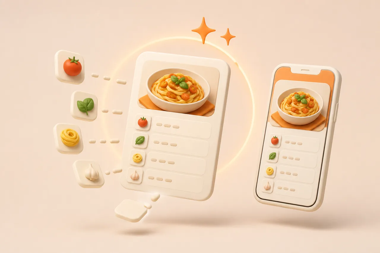 3D clay-style illustration of saved recipe cards being arranged onto a weekly calendar with a grocery list forming