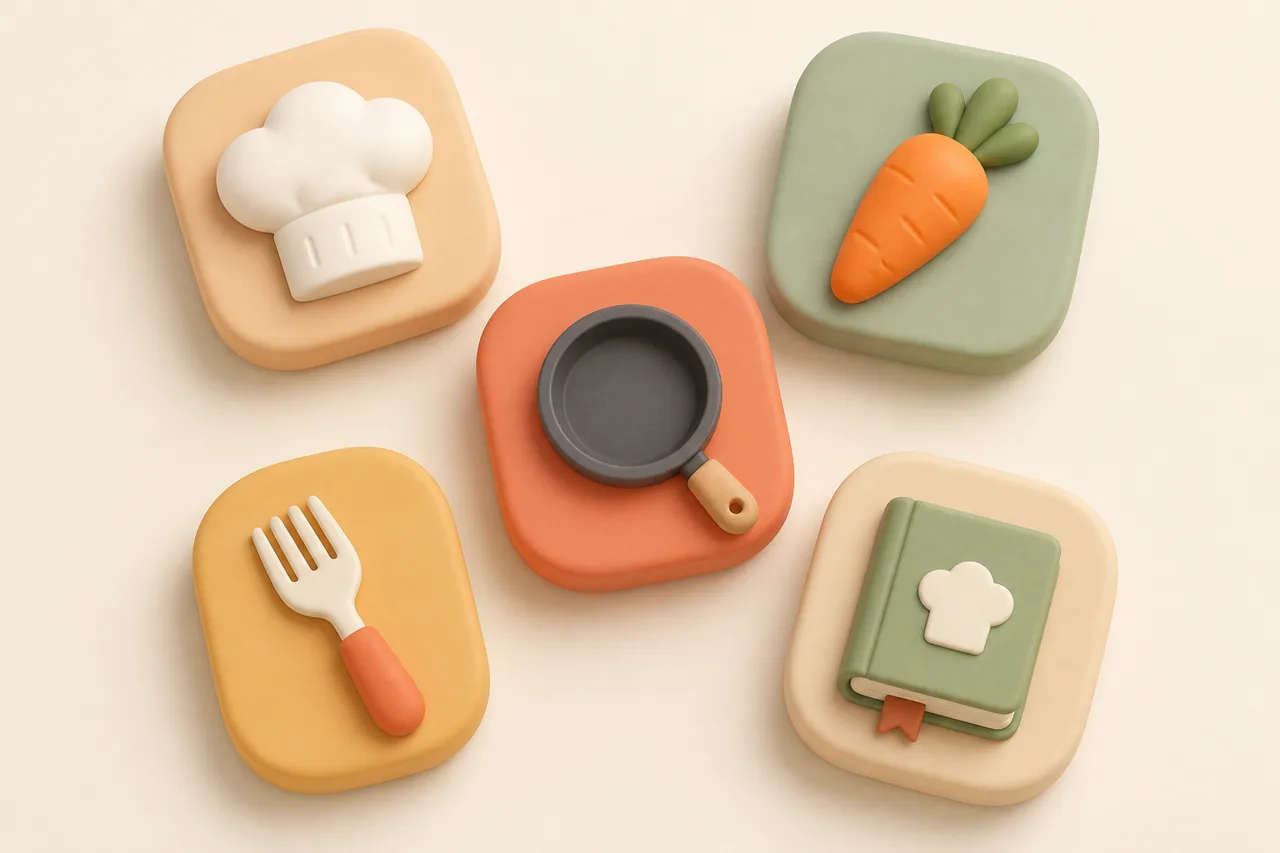 3D clay-style illustration of several app icons connected by arrows into a single recipe, plan and grocery list flow
