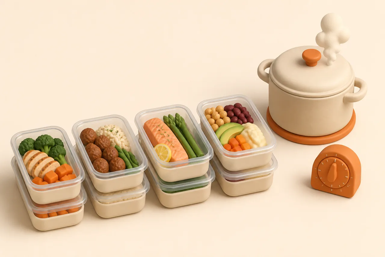 3D clay-style illustration of batch-cooked portions in stacked containers beside a phone showing a prep list