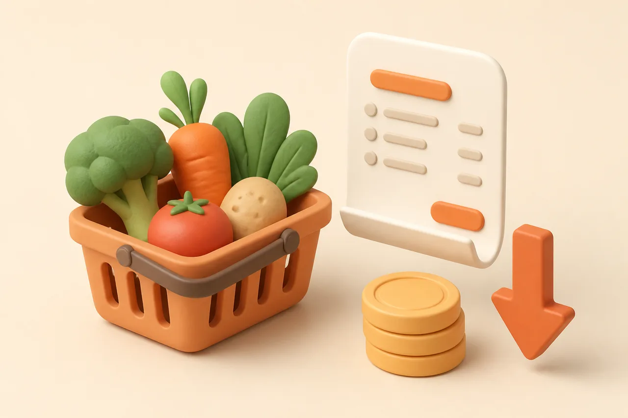 3D clay-style illustration of a shopping receipt and coins beside a phone showing a budgeted grocery list