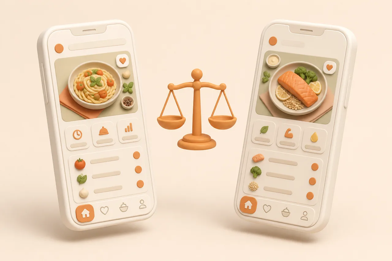 3D clay-style illustration of two phones showing recipe apps with an orange balance scale between them