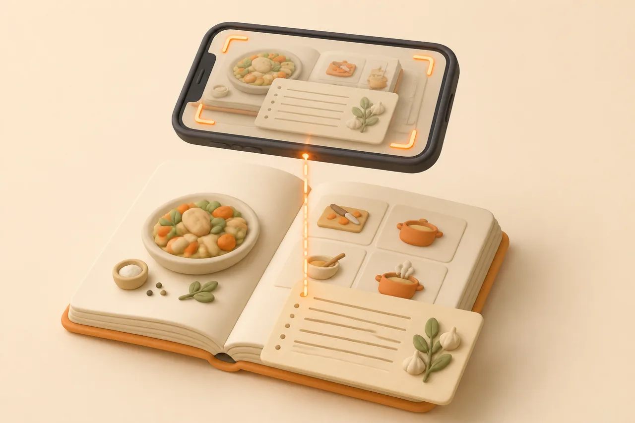 3D clay-style illustration of handwritten cards stacked beside a phone photographing one under a desk lamp