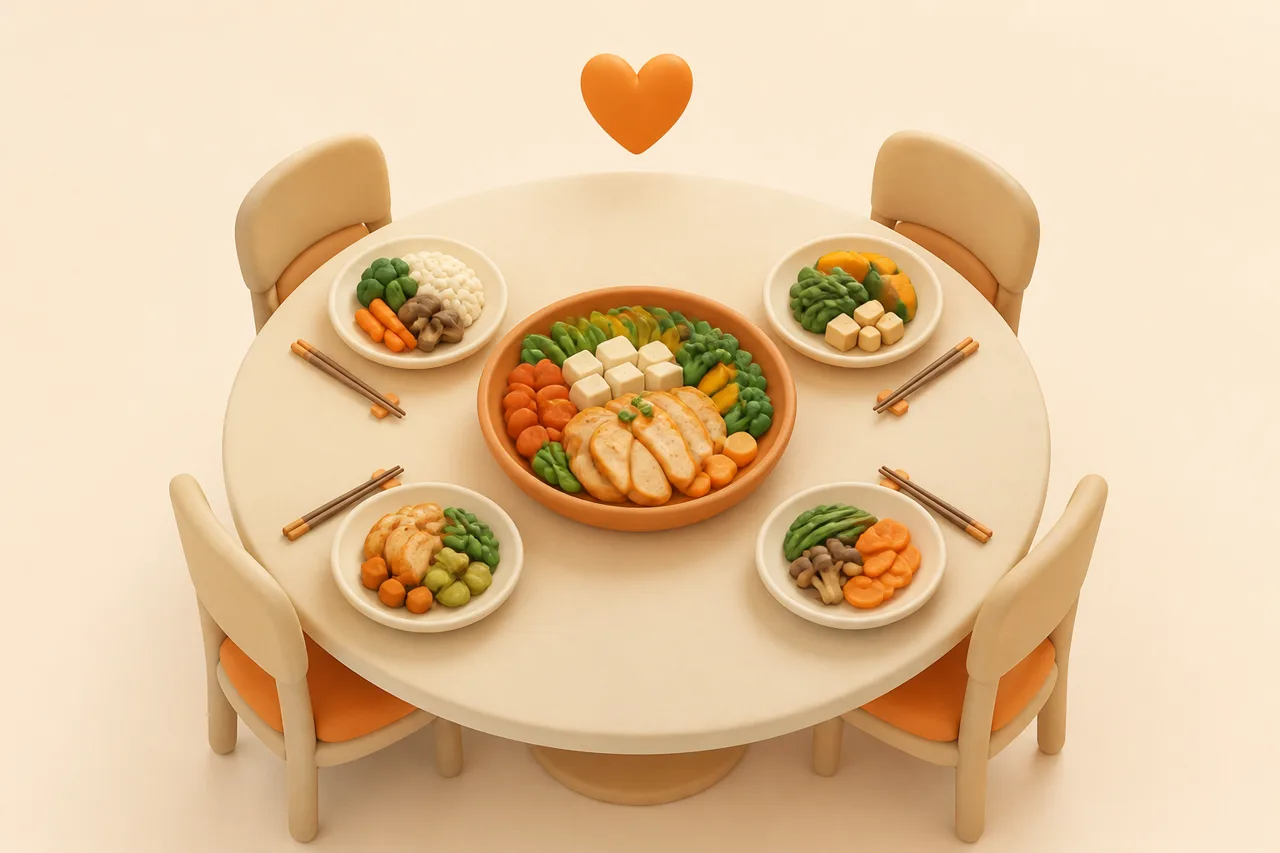 3D clay-style illustration of a shared family meal with several small dishes arranged around a phone