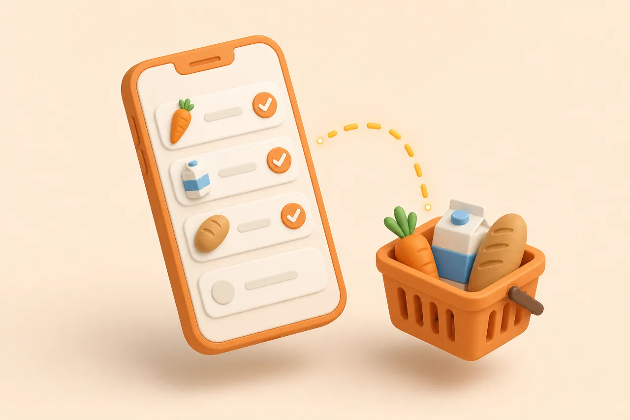 3D clay-style illustration of a grocery list on a phone beside fresh vegetables and a paper bag