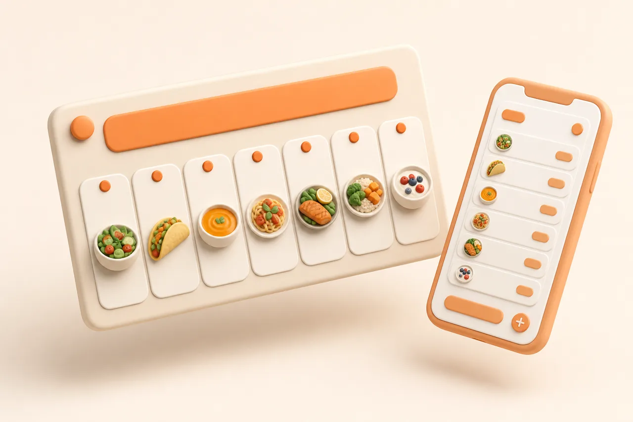 3D clay-style illustration of a weekly meal plan on a phone surrounded by small cooked dishes