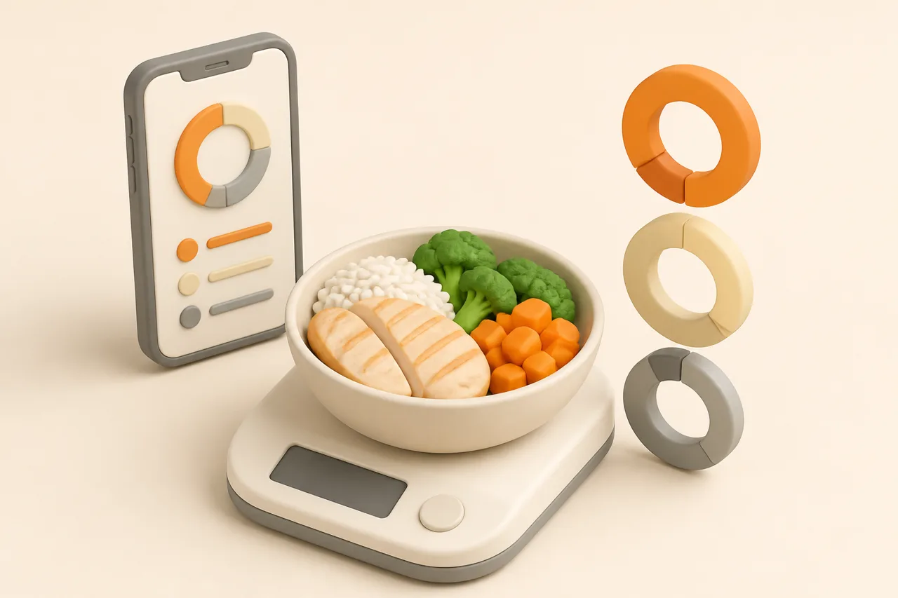3D clay-style illustration of a recipe card on one side and a nutrition log on the other with a dividing line between