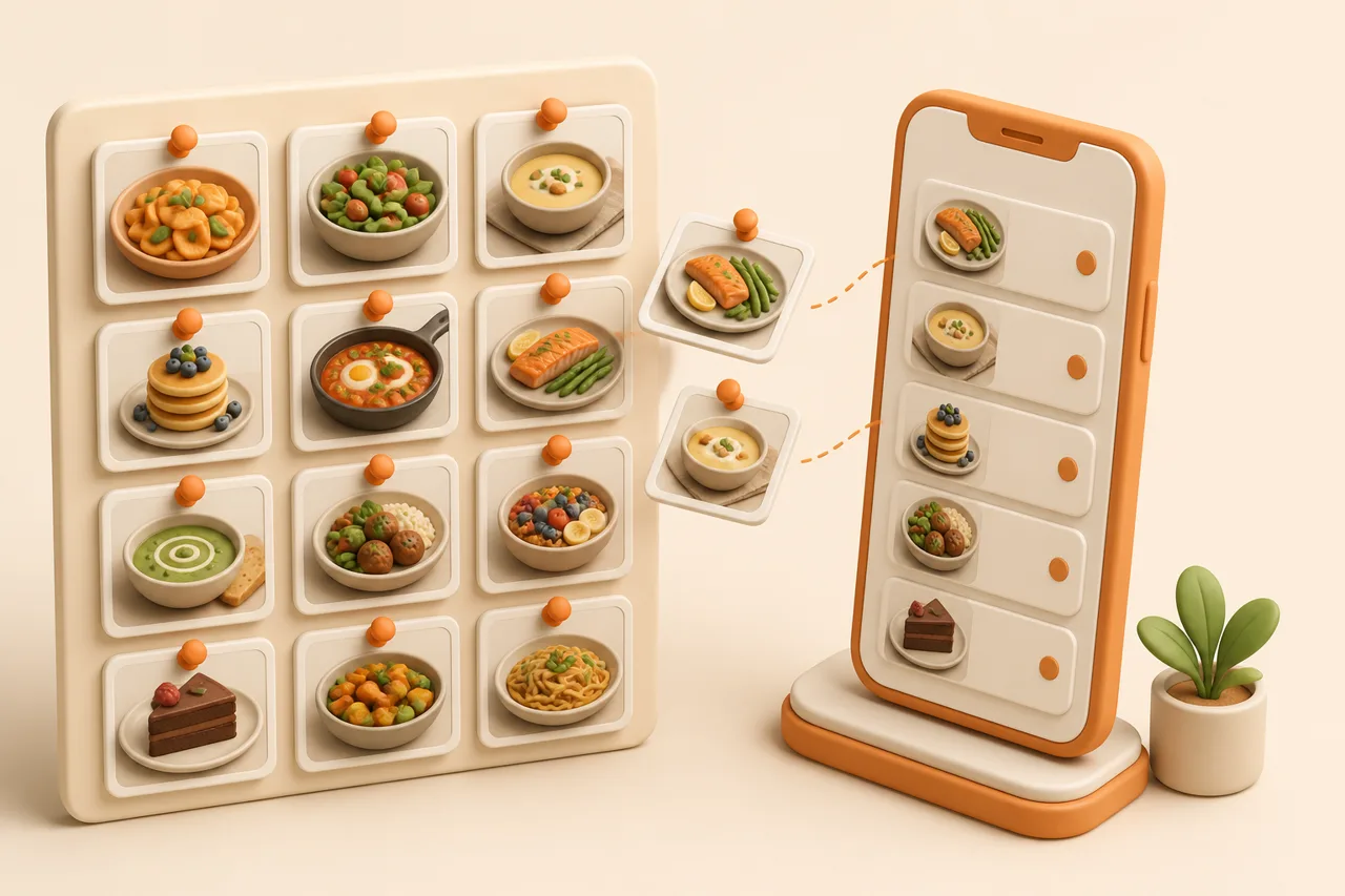 3D clay-style illustration of a pinboard of recipe photo cards held by orange pushpins, with cards lifting across to a phone