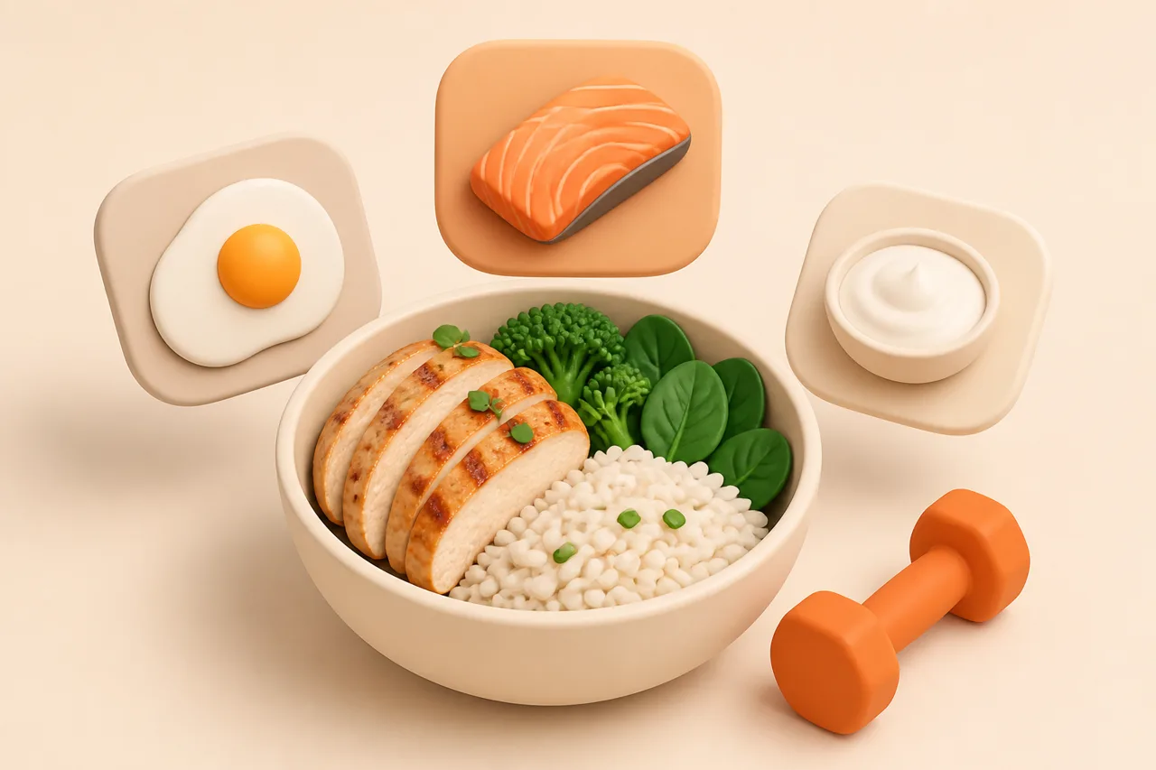 3D clay-style illustration of a protein-focused meal prep tray beside a phone showing macro totals