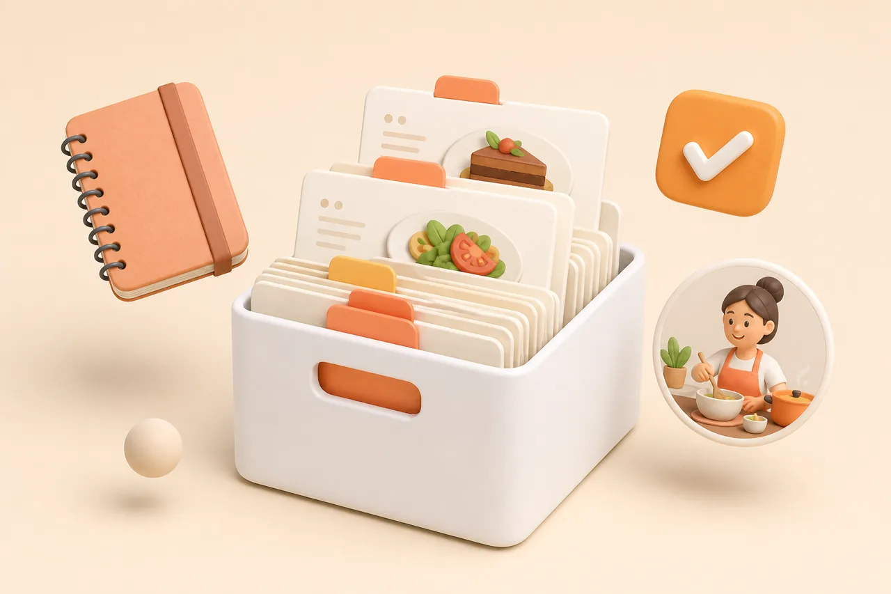 3D clay-style illustration of three near-identical recipe cards being merged into one tidy card