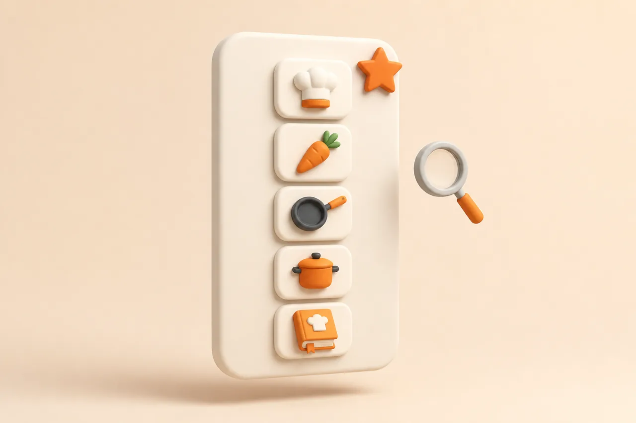 3D clay-style illustration of a shortlist of app cards beside a plate of high-protein food and a training watch