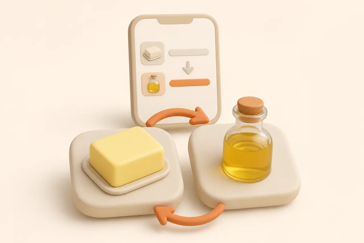 3D clay-style illustration of a recipe card with soy sauce swapped for tamari beside a weekly planner