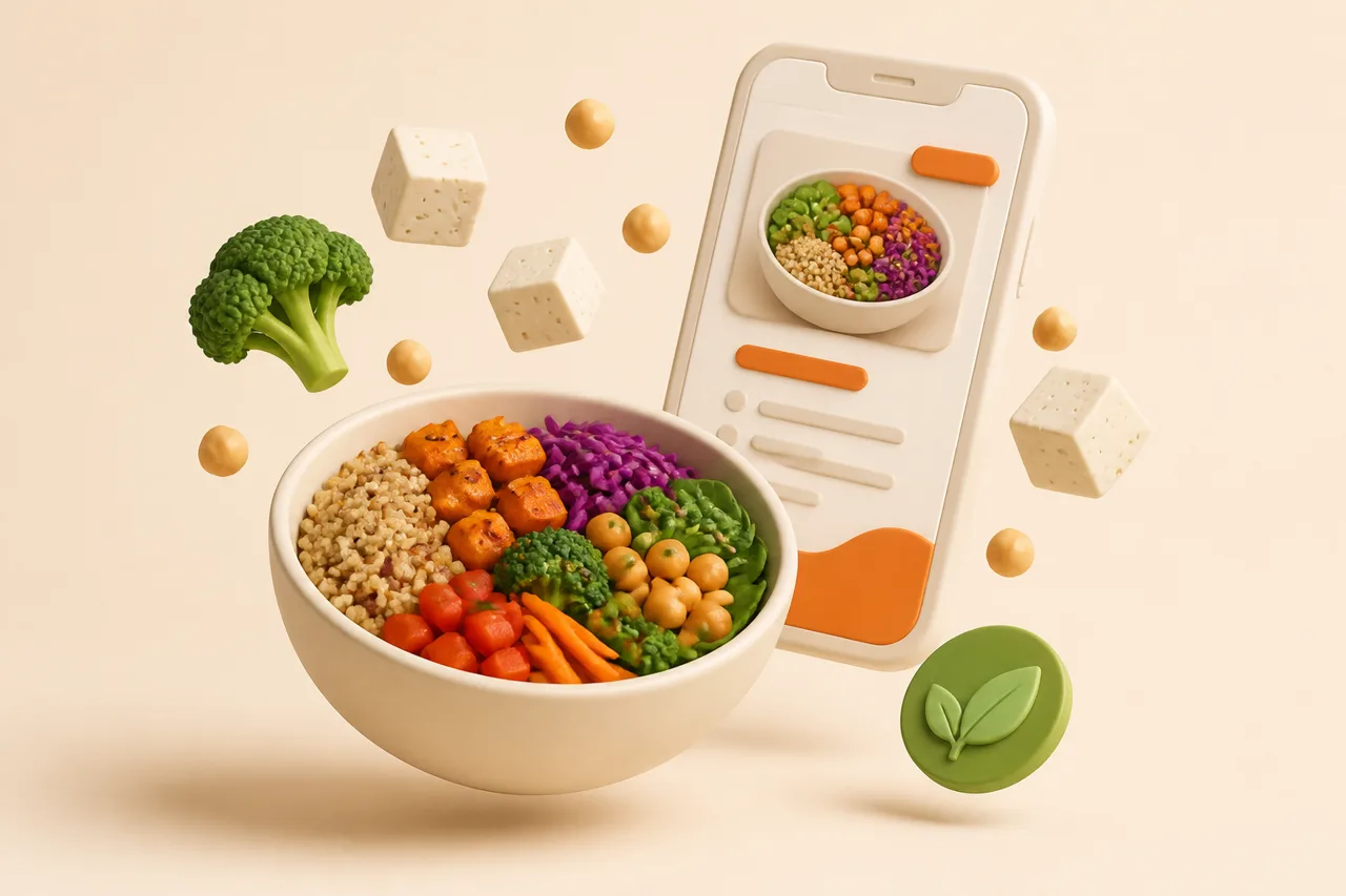 3D clay-style illustration of a weekly planner with plant-based recipe cards, tofu, lentils and beans beside a grocery list