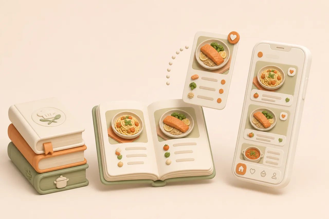 3D illustration of a stack of cookbooks with one page lifting into a phone as a saved recipe