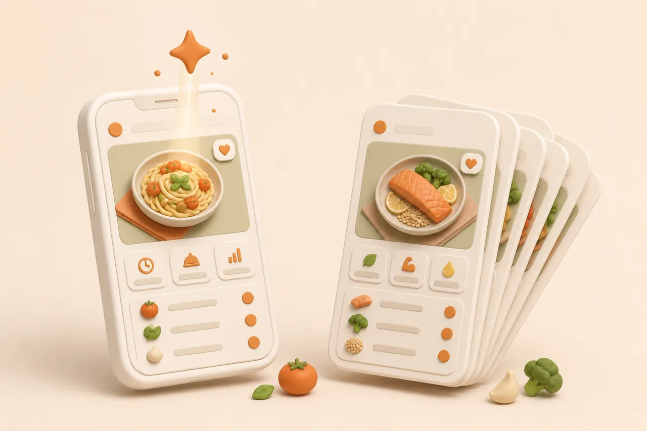 3D illustration of a phone conjuring a dish beside a fanned stack of saved recipe cards