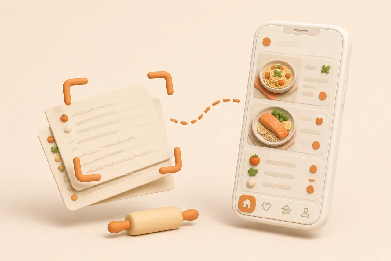3D illustration of handwritten recipe cards under a scanning frame feeding into a phone