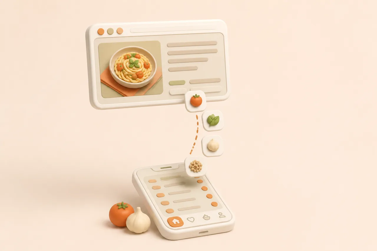 3D illustration of a browser window whose recipe lifts off as cards into a phone below