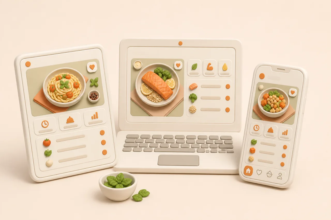 3D illustration of a laptop, tablet and phone fanned out, each showing a recipe card