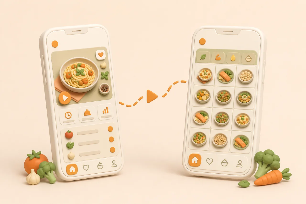 3D illustration of a phone playing a cooking video linked to a second phone showing a week of planned meals
