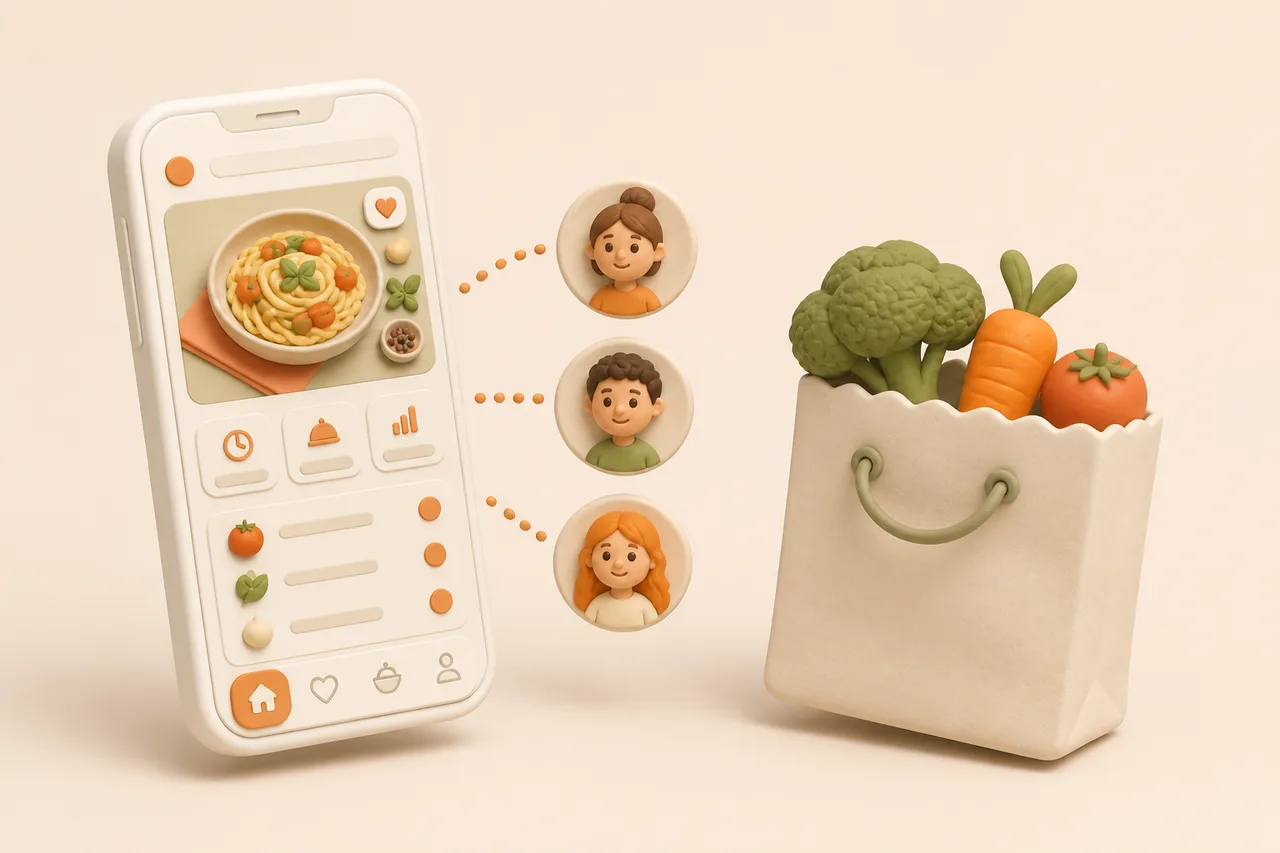 3D illustration of a phone showing friends' cooking posts beside a full paper grocery bag