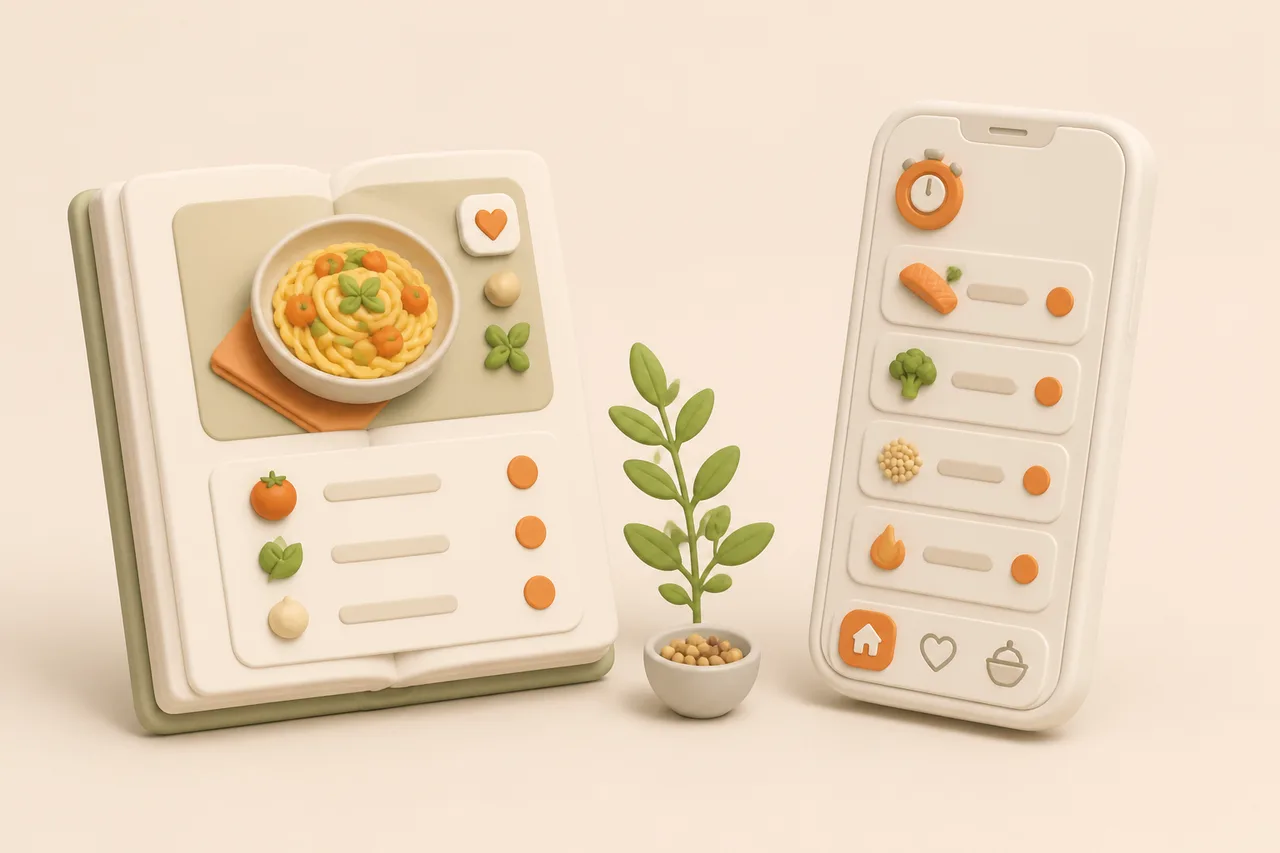 3D illustration of an open recipe book beside a phone showing cooking steps and a timer