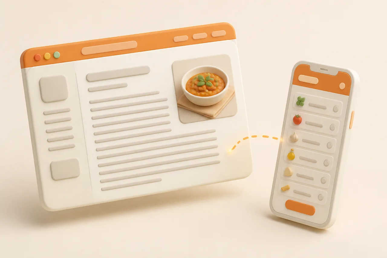3D clay-style illustration of a web page and a video thumbnail feeding into a tidy recipe card with an ingredient list