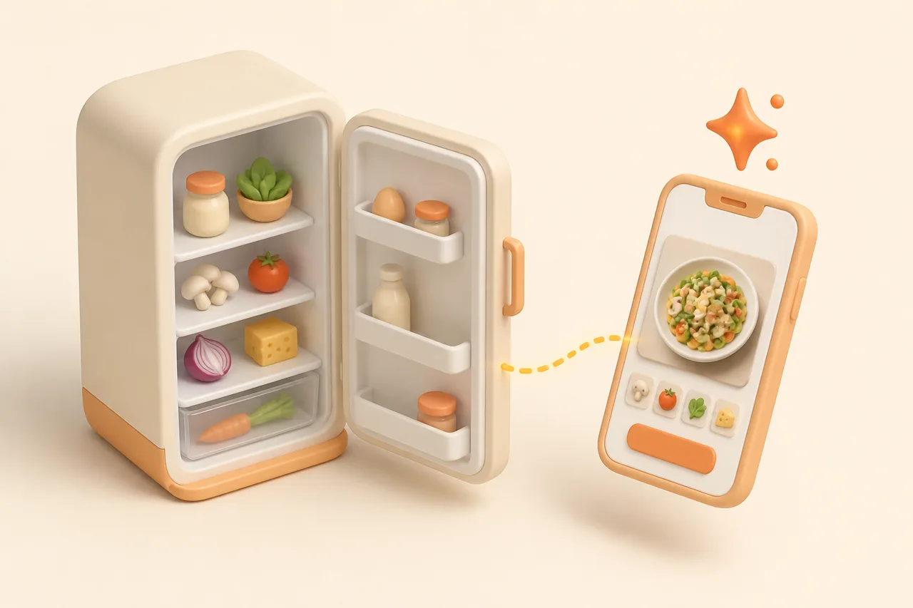 3D clay-style illustration of an open fridge beside a phone suggesting recipes from the ingredients inside