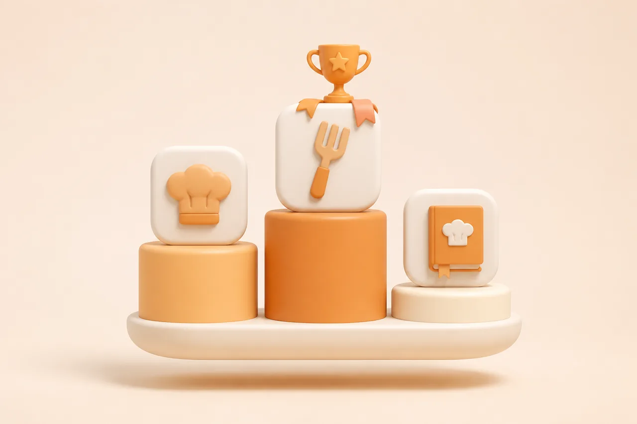 3D clay-style illustration of a podium with recipe cards on the winning steps and confetti around it