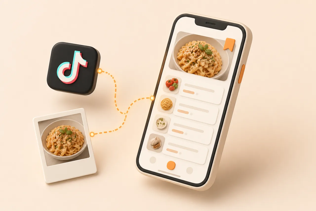 3D clay-style illustration of a social app icon connected by a dashed line to a phone showing a saved recipe