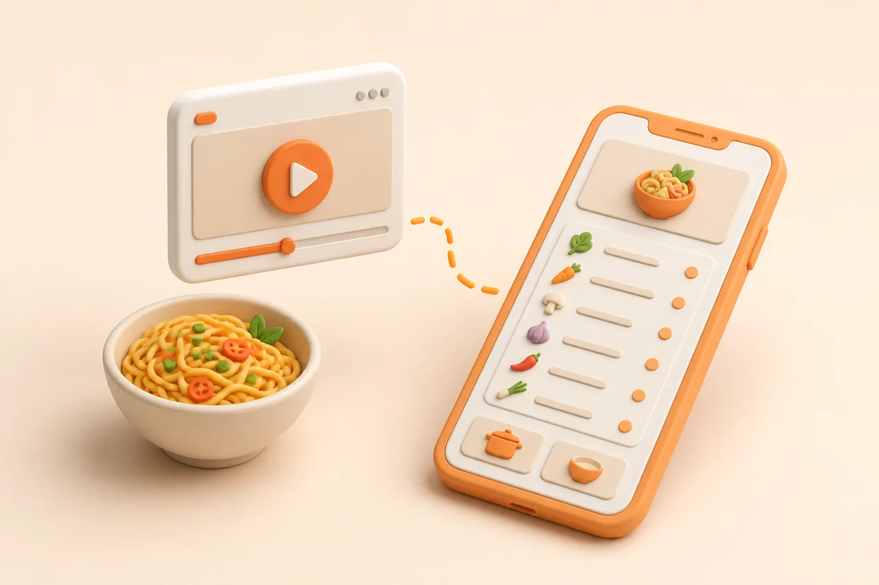 3D clay-style illustration of a video player beside a phone extracting a recipe into a structured list